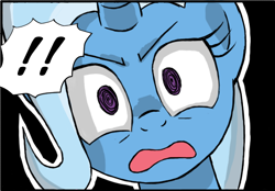 Size: 672x468 | Tagged: safe, artist:crimsonbugeye, derpibooru import, trixie, pony, unicorn, black background, cropped, d:, exclamation point, horn, open mouth, simple background, swirly eyes, upset