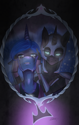 Size: 1024x1623 | Tagged: safe, artist:chiakitasso, nightmare moon, princess luna, anthro, crying, dark, duality, mirror, surreal