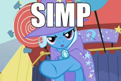 Size: 1080x720 | Tagged: safe, derpibooru import, edit, edited screencap, screencap, trixie, unicorn, boast busters, caption, cropped, image macro, meme, pointing, pointing at you, simp, solo, text, trixie yells at everything