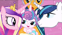 Size: 1920x1080 | Tagged: safe, screencap, princess cadance, princess flurry heart, shining armor, sunburst, alicorn, pony, unicorn, the crystalling, baby, baby pony, evil, evil flurry heart, family, father and child, father and daughter, female, glasses, lidded eyes, male, mother and child, mother and daughter, mother and father, nuzzling, open mouth, parent and child, shiningcadance, shipping, smiling, straight