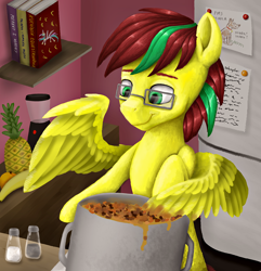 Size: 1114x1157 | Tagged: safe, artist:rysunkowasucharia, princess celestia, oc, alicorn, pegasus, pony, bigos, book, food, mixing, pepper, pineapple, polish, refrigerator, salt