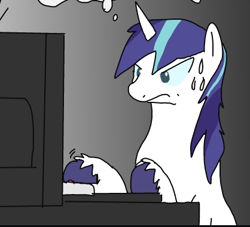 Size: 418x379 | Tagged: safe, artist:kushina13, edit, shining armor, pony, unicorn, angry, computer, explicit source, reaction image, sweat