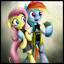 Size: 900x902 | Tagged: safe, artist:rule1of1coldfire, fluttershy, rainbow dash, pegasus, pony, bipedal, clothes, crossover, dosh, dress, harry enfield, little black dress, loadsamoney, money, rainbow dosh