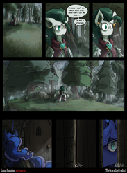 Size: 3000x4091 | Tagged: safe, artist:dracojayproduct, princess luna, oc, oc:willow, alicorn, pony, comic:lunar isolation, cloak, clothes, comic