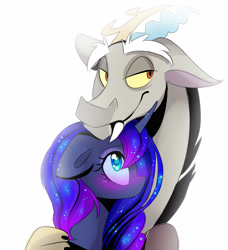 Size: 2600x2845 | Tagged: safe, artist:elementalokami, discord, princess luna, alicorn, pony, female, hug, lunacord, male, shipping, straight