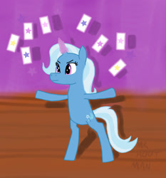 Size: 1187x1276 | Tagged: safe, artist:mrhootman, derpibooru import, trixie, card, horn, magic, magic show, magic trick, solo, standing