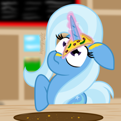 Size: 1450x1450 | Tagged: safe, artist:puperhamster, derpibooru import, trixie, pony, unicorn, female, food, glowing horn, horn, horn impalement, magic, pizza, silly, silly pony, solo