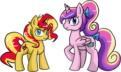 Size: 783x467 | Tagged: safe, artist:archeopony, princess cadance, sunset shimmer, alicorn, pony, unicorn, looking at you, messy mane, raised hoof, simple background, smiling, smirk, tail bow, teen princess cadance, white background