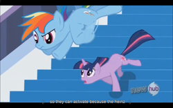 Size: 1024x640 | Tagged: safe, screencap, rainbow dash, twilight sparkle, pegasus, pony, the crystal empire, youtube caption