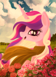 Size: 1700x2338 | Tagged: safe, artist:pedrohander, princess cadance, alicorn, pony, colored, digital art, female, flower, mare, smiling, solo