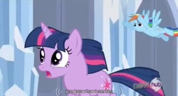 Size: 638x345 | Tagged: safe, screencap, rainbow dash, twilight sparkle, pegasus, pony, the crystal empire, youtube caption