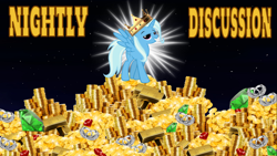 Size: 1366x768 | Tagged: safe, artist:turbo, derpibooru import, trixie, alicorn, pony, alicornified, coin, crown, gem, gold, jewelry, nightly discussion, race swap, ring, solo, treasure, trixiecorn