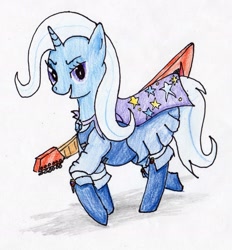 Size: 1657x1783 | Tagged: safe, artist:40kponyguy, derpibooru exclusive, derpibooru import, trixie, pony, unicorn, clothes, female, flying v, guitar, mare, missing accessory, solo, traditional art