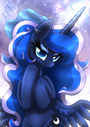 Size: 920x1300 | Tagged: safe, artist:joakaha, princess luna, alicorn, pony, bedroom eyes, cute, female, floating heart, glowing horn, hair bow, heart, horn, looking at you, lunabetes, mare, remake, signature, solo, spread wings, wings