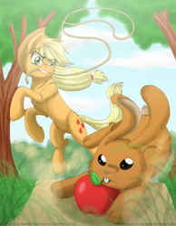 Size: 800x1029 | Tagged: safe, artist:inuhoshi-to-darkpen, applejack, earth pony, pony, rabbit, apple, lasso, mouth hold