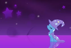 Size: 612x408 | Tagged: source needed, useless source url, safe, artist:wii4little, derpibooru import, trixie, cape, clothes, hat, horizon, purple background, stars, trixie's cape, trixie's hat, wallpaper