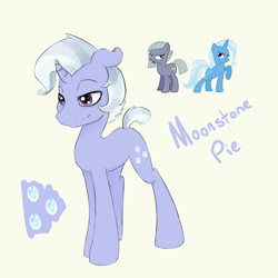 Size: 3240x3240 | Tagged: safe, artist:slb94, artist:xenalollie, derpibooru import, limestone pie, trixie, oc, oc:moonstone pie, pony, unicorn, cutie mark, magical lesbian spawn, offspring, parent:limestone pie, parent:trixie, simple background