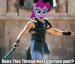 Size: 405x350 | Tagged: safe, pinkie pie, earth pony, pony, female, gladiator, image macro, mare, pink coat, pink mane, solo