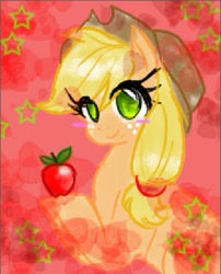 Size: 353x437 | Tagged: dead source, safe, artist:yuji8sushi, applejack, earth pony, pony, apple, blushing, hat, obligatory apple, smiling