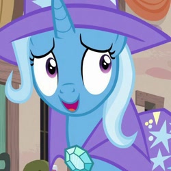 Size: 512x512 | Tagged: safe, derpibooru import, edit, edited screencap, screencap, trixie, to where and back again, cape, clothes, cropped, hat, trixie's cape, trixie's hat, village