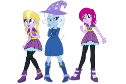 Size: 1592x1061 | Tagged: safe, artist:gmaplay, derpibooru import, fuchsia blush, lavender lace, trixie, equestria girls, clothes, hat, simple background, transparent background, trixie and the illusions, trixie's hat, vector
