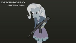 Size: 1191x670 | Tagged: safe, artist:ngrycritic, derpibooru import, trixie, equestria girls, amc, clothes, crossover, gun, skirt, the walking dead, weapon