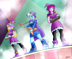 Size: 4000x3285 | Tagged: safe, artist:mutanobr, derpibooru import, fuchsia blush, lavender lace, trixie, equestria girls, rainbow rocks, absurd resolution, band, cape, clothes, female, group, hat, musical instrument, open mouth, performing, playing, scene interpretation, singing, stage, synthesizer, tricks up my sleeve, trio, trixie and the illusions, wizard hat
