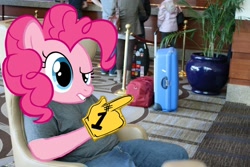 Size: 960x640 | Tagged: safe, pinkie pie, earth pony, pony, dubs, female, mare, patrick bateman, pink coat, pink mane, solo