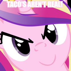 Size: 600x600 | Tagged: safe, edit, princess cadance, alicorn, pony, >:), close-up, face, grammar error, heresy, hi anon, image macro, level of heresy: bs, meme, misspelling, sonata fuel, taco, this is obviously a spy!