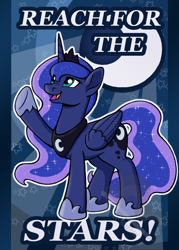 Size: 1500x2100 | Tagged: safe, artist:riverfox237, princess luna, alicorn, pony, female, folded wings, happy, hoof shoes, horn, jewelry, mare, open mouth, peytral, raised hoof, regalia, solo, underhoof, watermark, wings