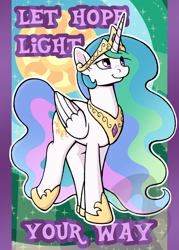 Size: 1500x2100 | Tagged: safe, artist:riverfox237, princess celestia, alicorn, pony, celestia redux, crown, hoof shoes, jewelry, positive ponies, postcard, regalia, solo