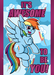 Size: 1500x2100 | Tagged: safe, artist:riverfox237, rainbow dash, pegasus, pony, cutie mark, open mouth, pointing, postcard, solo