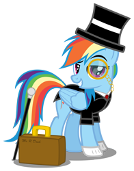 Size: 4371x5588 | Tagged: safe, artist:austiniousi, rainbow dash, pegasus, pony, absurd resolution, classy, clothes, monocle, simple background, solo, suitcase, transparent background, tuxedo, vector