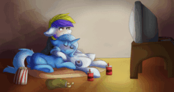 Size: 852x451 | Tagged: safe, artist:oddends, derpibooru import, trixie, oc, oc:juby skylines, pegasus, pony, unicorn, animated, blushing, canon x oc, chips, cute, female, food, lesbian, mare, movie night, popcorn, shipping, snuggling, television