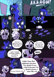 Size: 2191x3144 | Tagged: safe, artist:darkest-lunar-flower, nightmare moon, princess luna, oc, oc:ammy, alicorn, pony, comic, crying, dream, dream walker luna, feels, heart