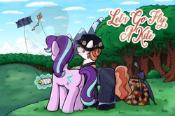 Size: 1280x848 | Tagged: safe, artist:riverfox237, starlight glimmer, pony, unicorn, bag, boater hat, butt, clothes, duo, female, kite, kite flying, let's go fly a kite, magic, mare, mary poppins, plot, ponified, riding habit, telekinesis, umbrella, watermark