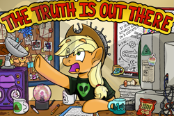 Size: 1265x846 | Tagged: safe, artist:riverfox237, applejack, mare do well, earth pony, parasprite, pony, alicorn amulet, apple core, chips, clothes, computer, conspiracy, food, loch ness monster, mug, plasma ball, poison joke, satellite dish, shirt, t-shirt, van de graaf generator, watermark