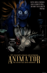 Size: 3300x5100 | Tagged: safe, artist:shiki01, discord, princess luna, smarty pants, alicorn, pony, decapitated, erlenmeyer flask, glasses, herbert west, lovecraft, mad science, mad scientist, movie poster, re-animator, science, severed head, test tube, the fun has been doubled