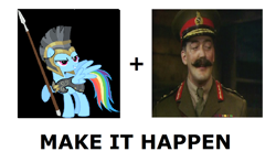 Size: 1176x691 | Tagged: safe, commander hurricane, rainbow dash, pegasus, pony, all caps, blackadder, exploitable meme, general melchett, make it happen, meme, meta, stephen fry