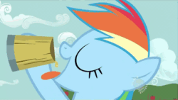 Size: 427x240 | Tagged: safe, screencap, berry punch, berryshine, rainbow dash, pegasus, pony, the super speedy cider squeezy 6000, animated, barrel, cider, cider dash, hub logo, implied applejack, lasso, mug, offscreen character, rope, solo focus, surprised