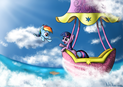 Size: 3000x2121 | Tagged: safe, artist:neko-me, rainbow dash, twilight sparkle, unicorn twilight, pegasus, pony, unicorn, balloon, cloud, cloudy, duo, female, filly, filly rainbow dash, hot air balloon, island, looking at each other, on a cloud, twinkling balloon, water, younger