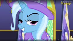 Size: 1920x1080 | Tagged: safe, derpibooru import, screencap, trixie, pony, unicorn, no second prances, female, grin, lidded eyes, looking at you, mare, no second glances, raised eyebrow, smirk, solo, uh oh