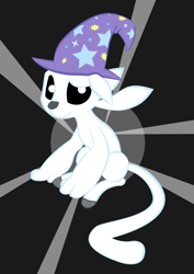 Size: 815x1153 | Tagged: safe, artist:lost_memory, derpibooru exclusive, derpibooru import, trixie, .svg available, accessory swap, black eye, clothes, confused, cute, hat, light, looking at you, ori, ori and the blind forest, paws, simple background, sitting, solo, svg, tail, the great and powerful, trixie's hat, vector, white pupils