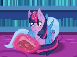 Size: 1280x939 | Tagged: safe, artist:hate-love12, derpibooru import, trixie, twilight sparkle, twilight sparkle (alicorn), alicorn, pony, unicorn, blushing, book, deviantart watermark, female, lesbian, library, magic, mare, obtrusive watermark, pony pillow, shipping, twilight's castle, twilight's castle library, twixie, watermark