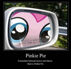 Size: 668x653 | Tagged: safe, artist:necronomiconofgod, artist:ponyweed, pinkie pie, automobile, car, close up series, close-up, demotivational poster, extreme close up, fourth wall, fourth wall destruction, irl, meme, mirror, objects in mirror are closer than they appear, ponk, rear view mirror, the far side