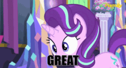 Size: 720x390 | Tagged: safe, derpibooru import, edit, screencap, starlight glimmer, trixie, twilight sparkle, twilight sparkle (alicorn), alicorn, pony, unicorn, no second prances, animated, confused, counterparts, female, floppy ears, frown, grin, gritted teeth, magical trio, mare, no second glances, raised eyebrow, smiling, squee, starlight's new friend, talking, text, text edit, trixie's glare, twilight's counterparts, wide eyes