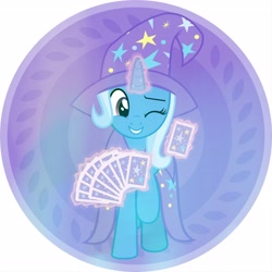 Size: 3464x3464 | Tagged: safe, artist:kayla, derpibooru import, trixie, cape, card, clothes, hat, horn, magic, trixie's cape, trixie's hat