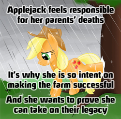 Size: 500x491 | Tagged: safe, applejack, earth pony, pony, applejack's parents, crying, headcanon, rain, sad, text