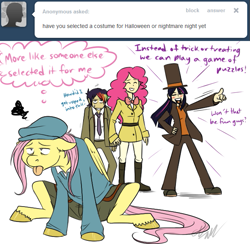 Size: 635x619 | Tagged: safe, artist:cartoonlion, fluttershy, pinkie pie, rainbow dash, twilight sparkle, oc, oc:futashy, costume, futa, futashy, halloween, humanized, intersex, professor layton