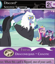 Size: 338x399 | Tagged: safe, discord, princess cadance, twilight sparkle, twilight sparkle (alicorn), alicorn, pony, three's a crowd, absolute discord, cadance is not amused, ccg, clothes, cosplay, costume, doctor strange, enterplay, female, glasses, gryffindor, harry potter, jk rowling, mare, necktie, parody, professor snape, ravenclaw, robe, slytherin, twilight is not amused, unamused, wizard robe